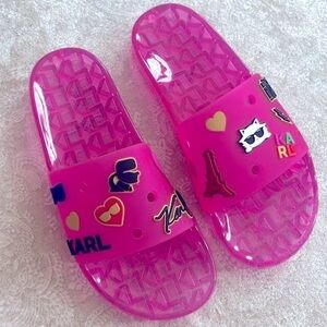 Brand New Karl Lagerfeld Paris Thea Jelly Pool Slides Embellished Pink Sandals